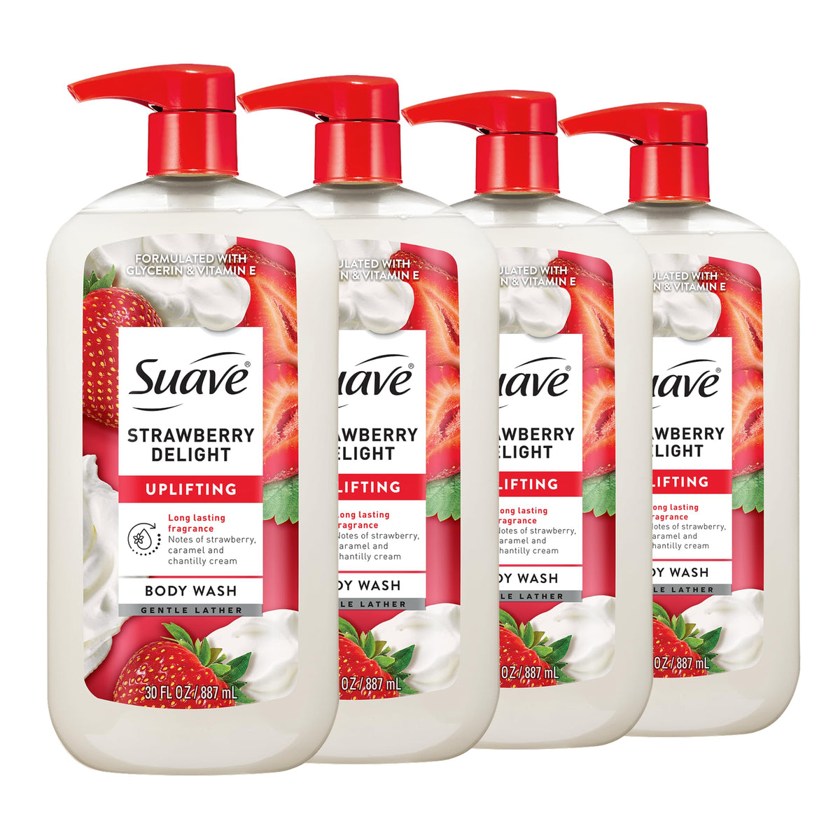 suave front pump bottle showing product branding and easy dispensing benefit