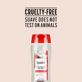 Person enjoying shower with Suave delivering uplifting strawberry fragrance