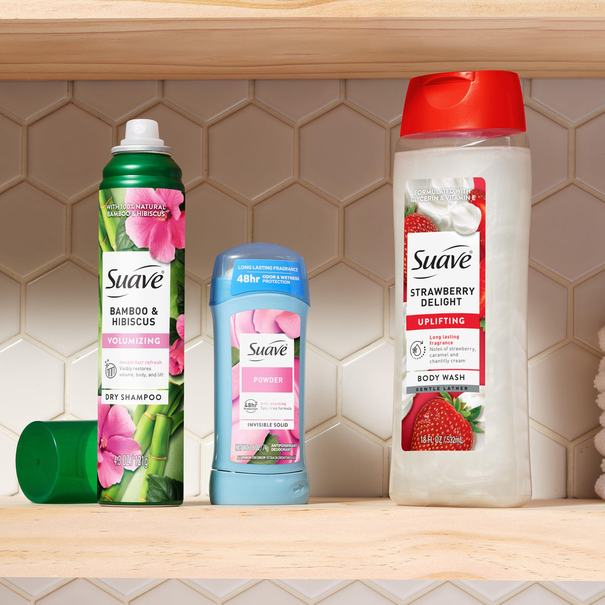 Boxed six-pack of Suave bottles for bulk value and home convenience