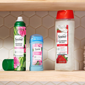 Boxed six-pack of Suave bottles for bulk value and home convenience