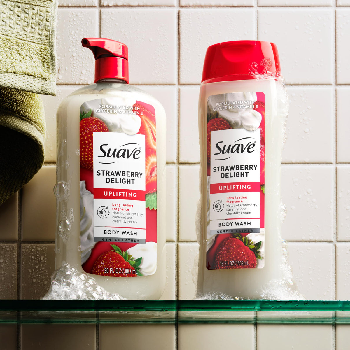 suave multiple bottles in family bathroom highlighting bulk 4-pack value