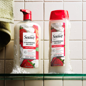 suave multiple bottles in family bathroom highlighting bulk 4-pack value