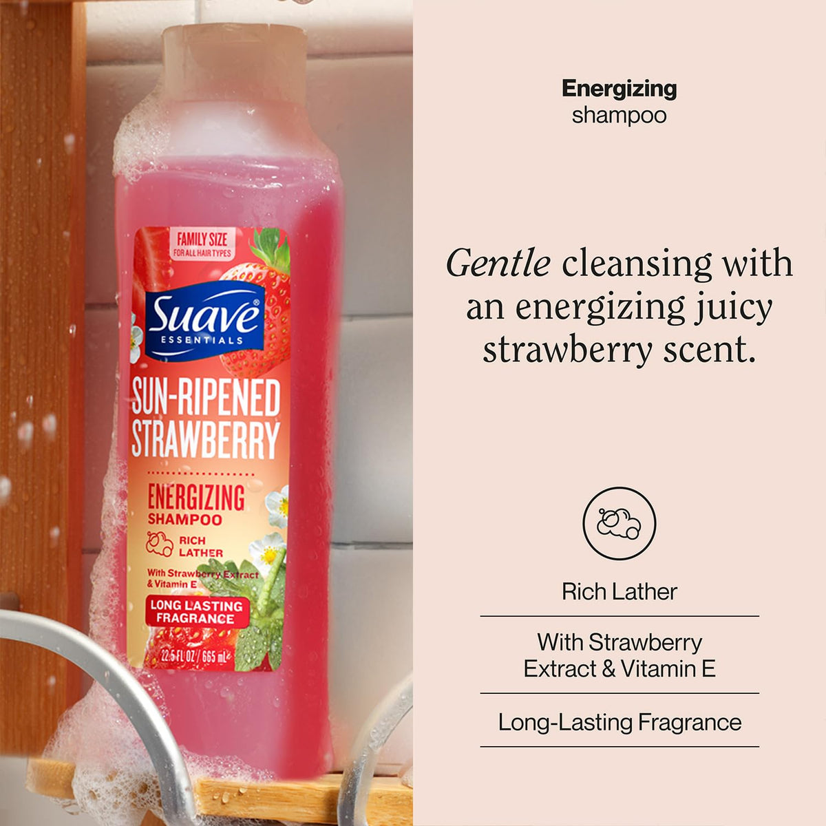 Suave bottle front label with strawberry image and vitamin E benefit