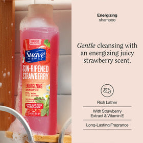 Suave bottle front label with strawberry image and vitamin E benefit