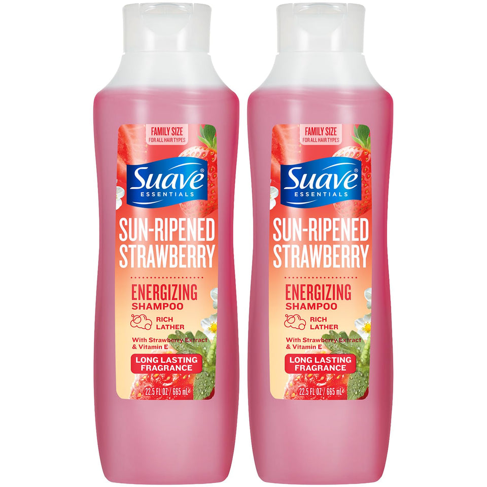 Suave two-pack front view showing bottles and bright strawberry scent