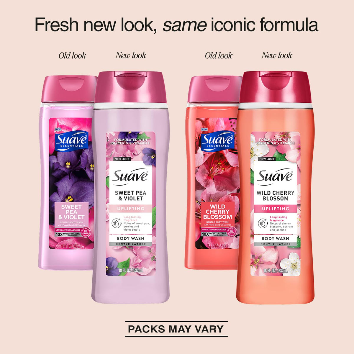 Suave Sweet Pea & Violet bottle label close-up highlighting gentle fragrance