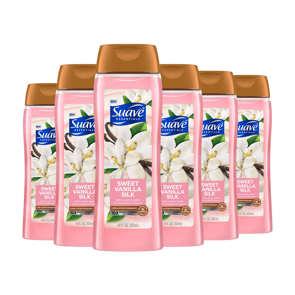 Suave bottle front packaging showing sweet vanilla scent and benefits