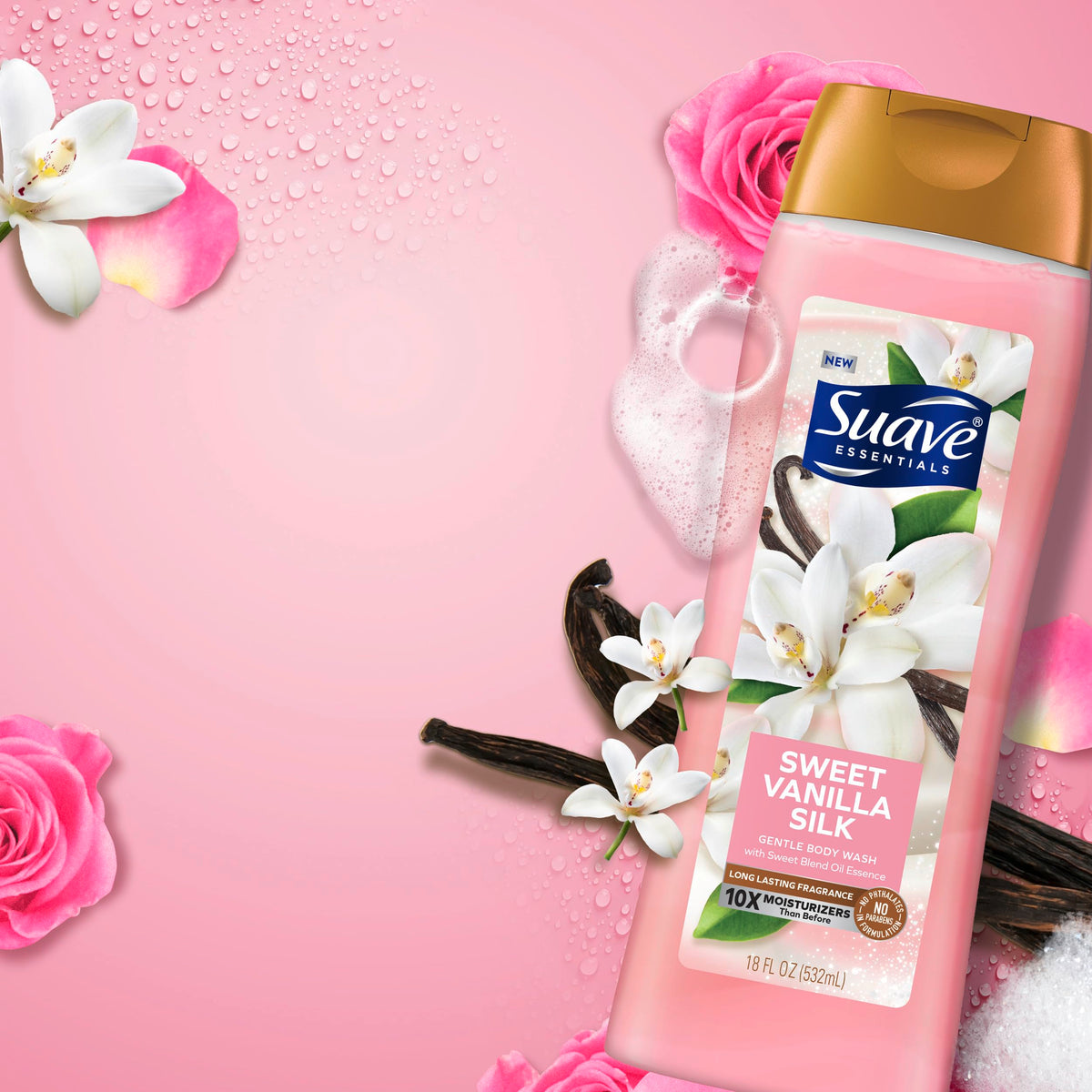 Suave body wash in use on a loofah under shower for gentle cleanse