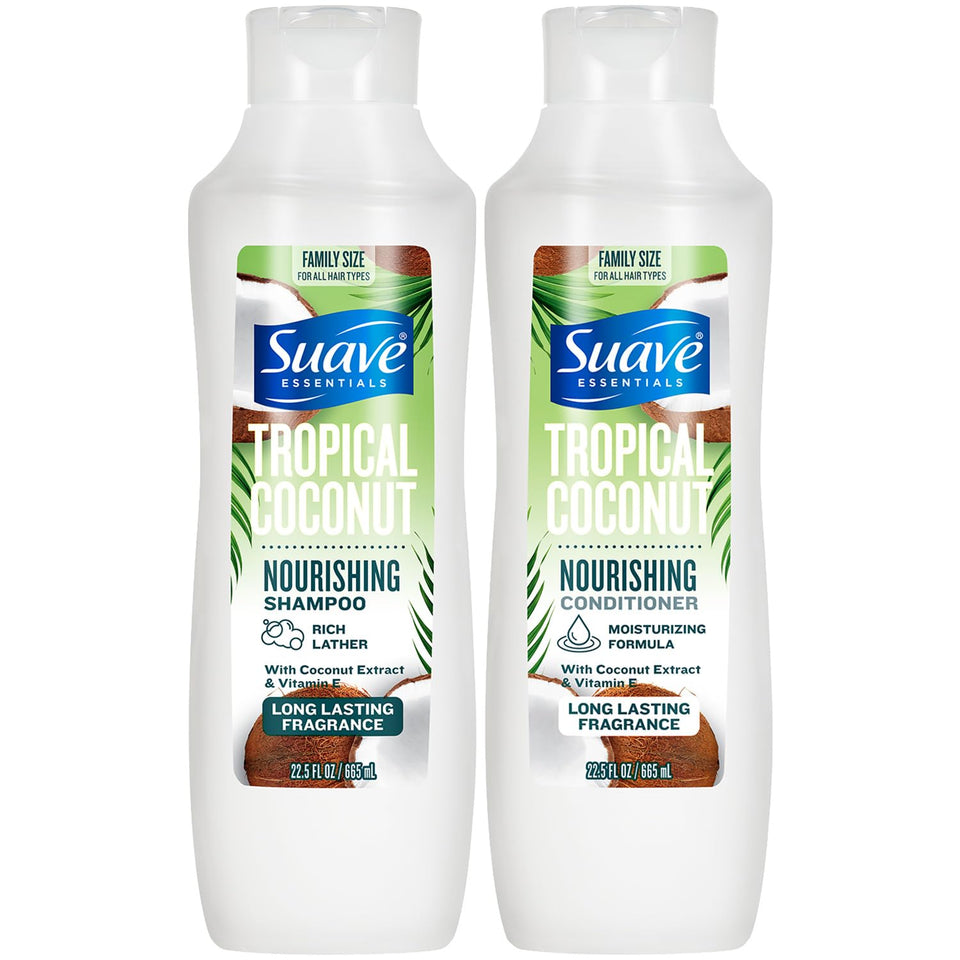 Suave front packaging showing bottles and tropical scent benefits