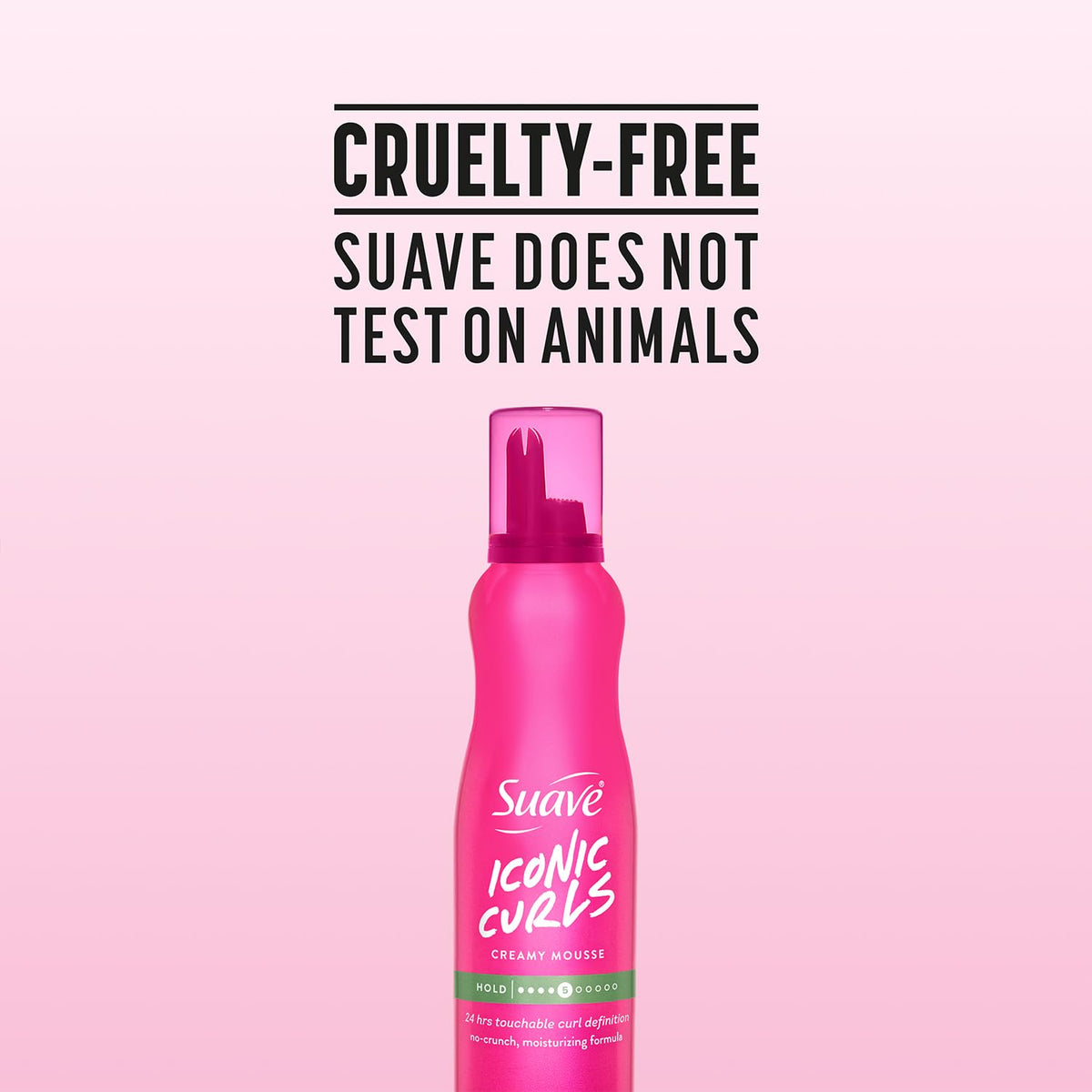 Close-up of Suave whipped mousse label showing scent and cruelty-free claim