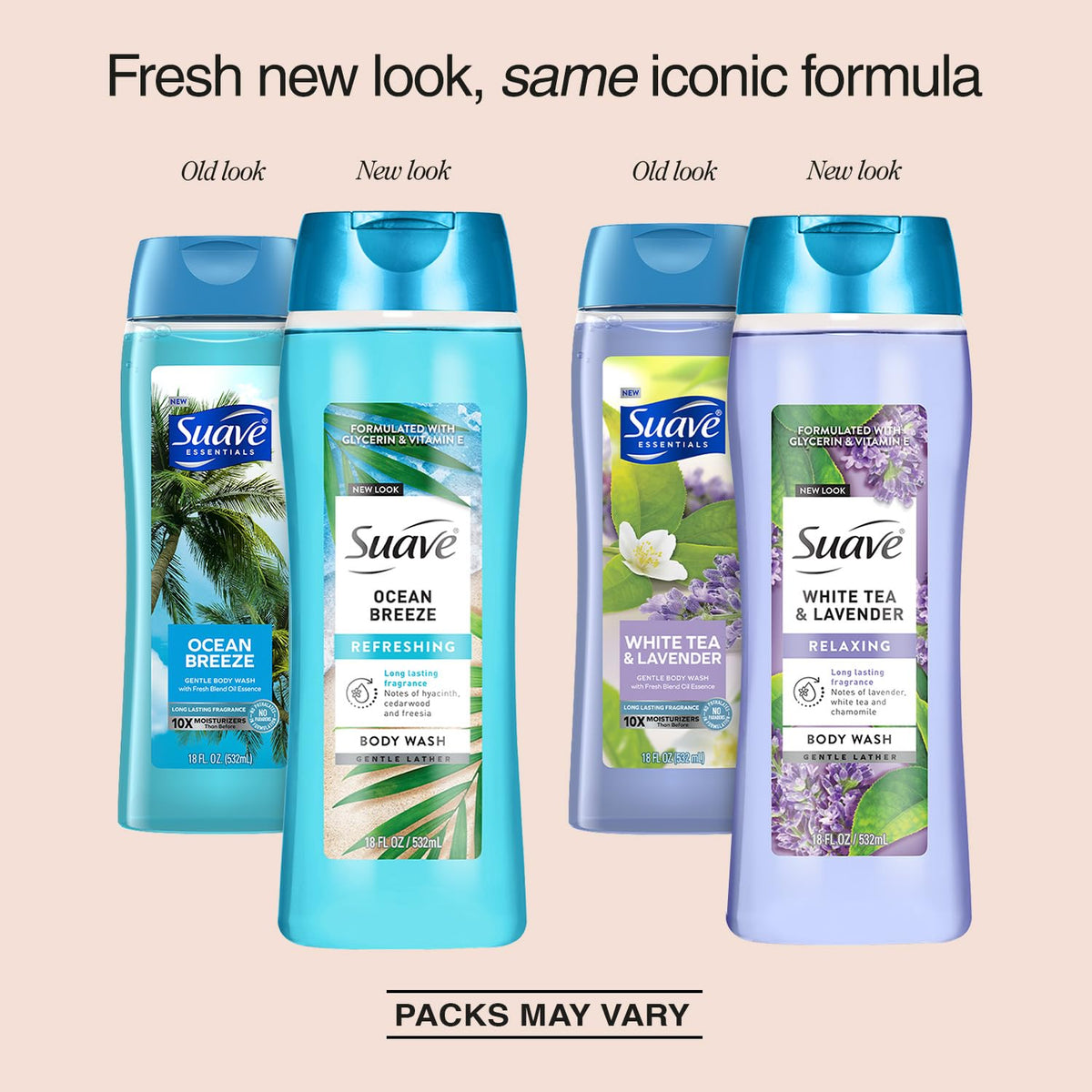 Suave White Tea & Lavender front packaging showing bottle and label benefit calm scent