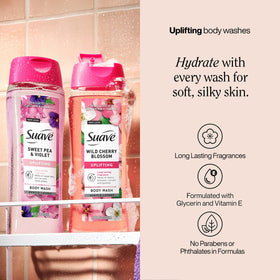 Suave Wild Cherry Blossom bottle label close-up conveying bright floral scent