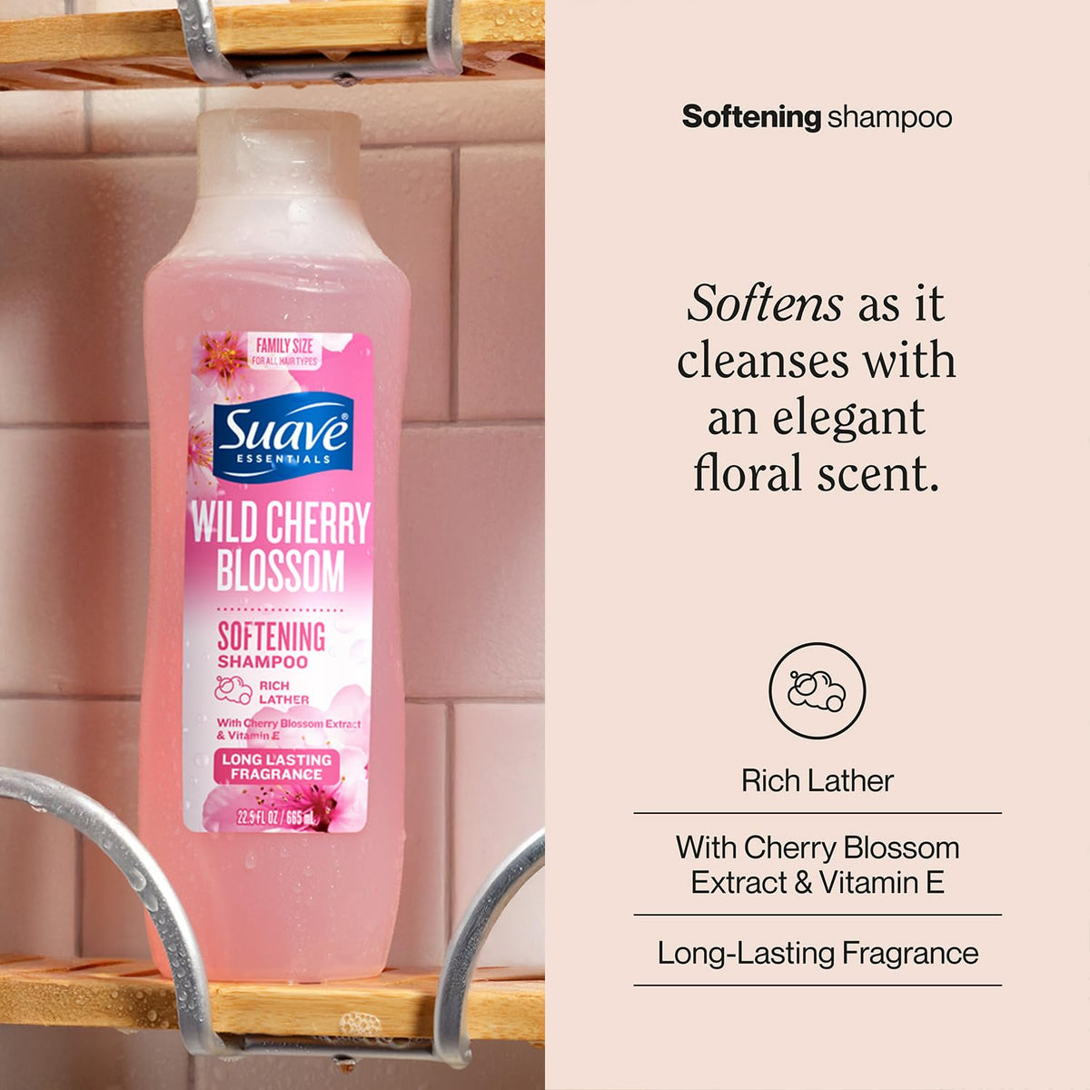 Suave close-up label with product name and vitamin E callout for reassurance