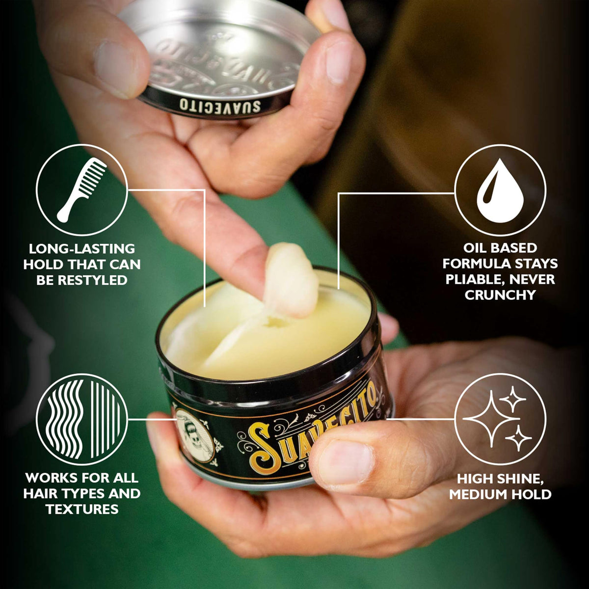 suavecito application in palms warming product for even distribution and better hold