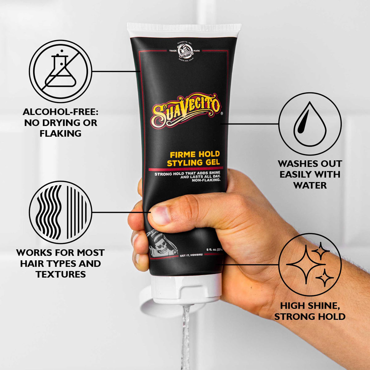 Suavecito back label showing ingredients and easy-use instructions benefit