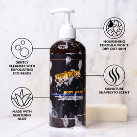 Suavecito body wash poured into hand forming lather, quick-cleaning benefit