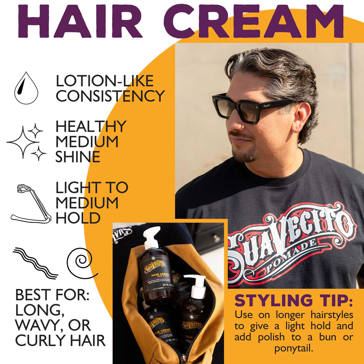Suavecito cream warmed in hands to demonstrate easy spread and control benefit