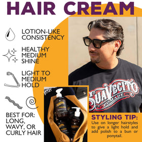Suavecito cream warmed in hands to demonstrate easy spread and control benefit