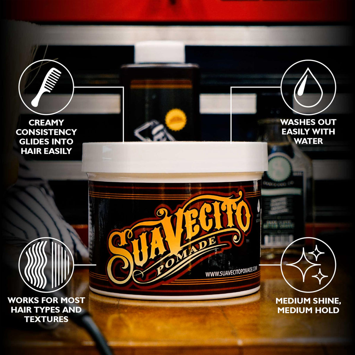 Suavecito creamy pomade texture closeup for easy application benefit