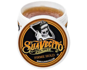Suavecito Firme styled hair on model, firm hold and medium shine demonstrated