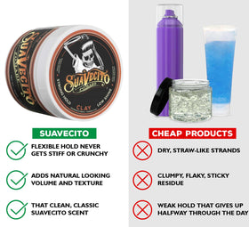Suavecito clay on hands being warmed for easy application benefit