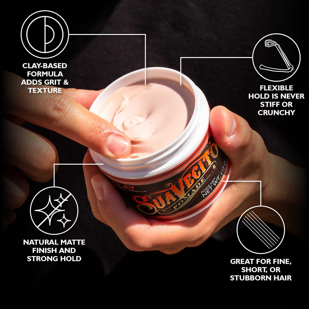 Open jar revealing clay texture, Suavecito clay offers workable thickness