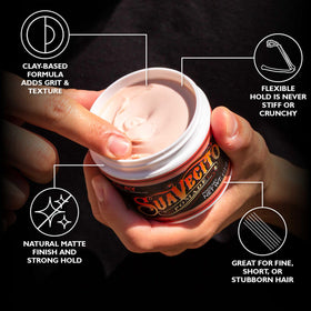 Open jar revealing clay texture, Suavecito clay offers workable thickness