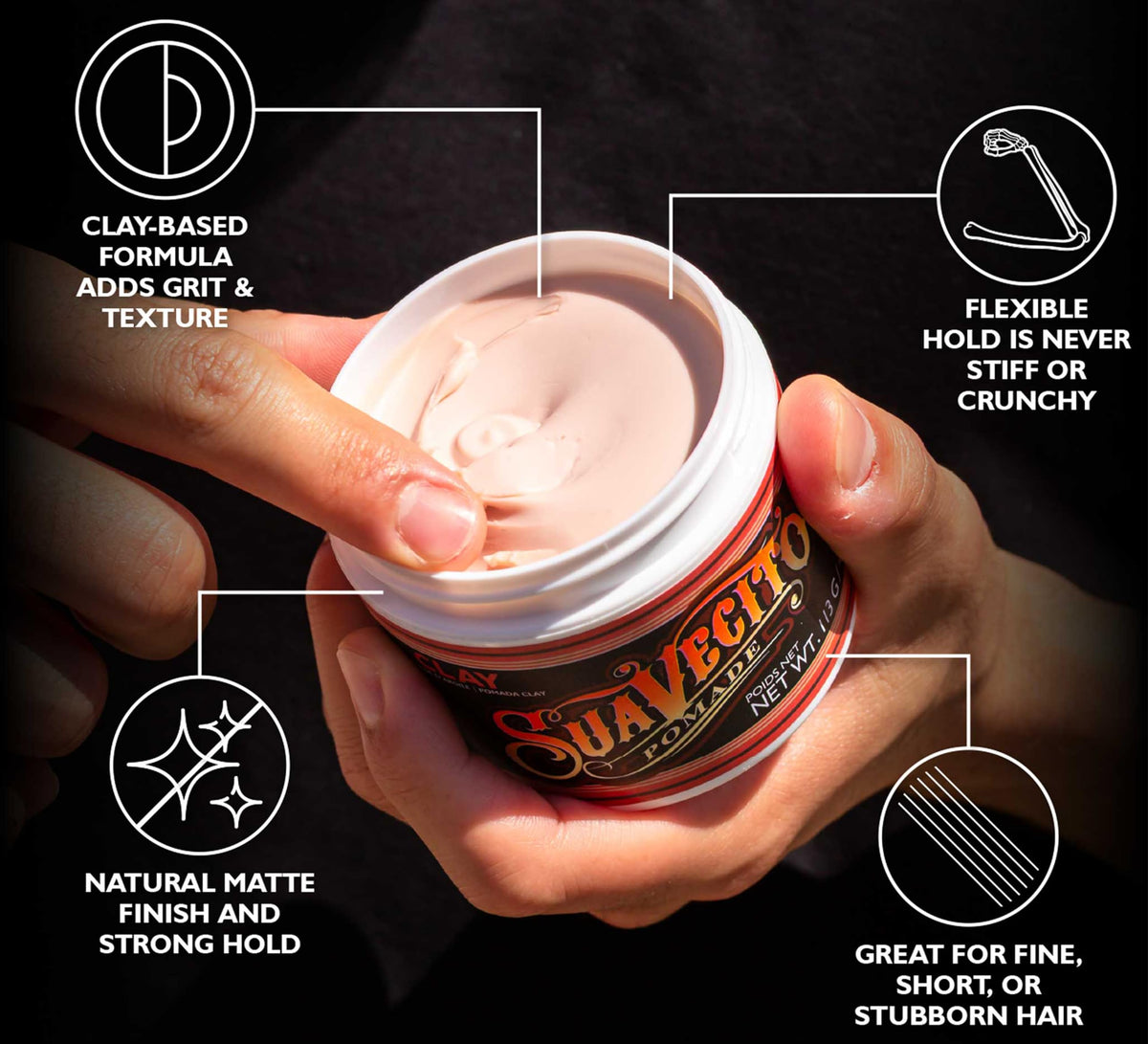 Suavecito opened clay texture close-up showing pliable matte finish