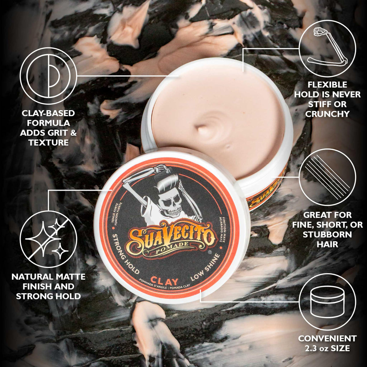 Suavecito Firme Clay open tin showing matte clay texture for easy styling
