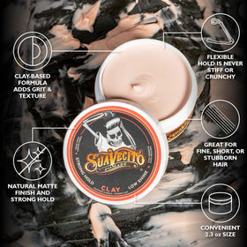 Suavecito Firme Clay open tin showing matte clay texture for easy styling