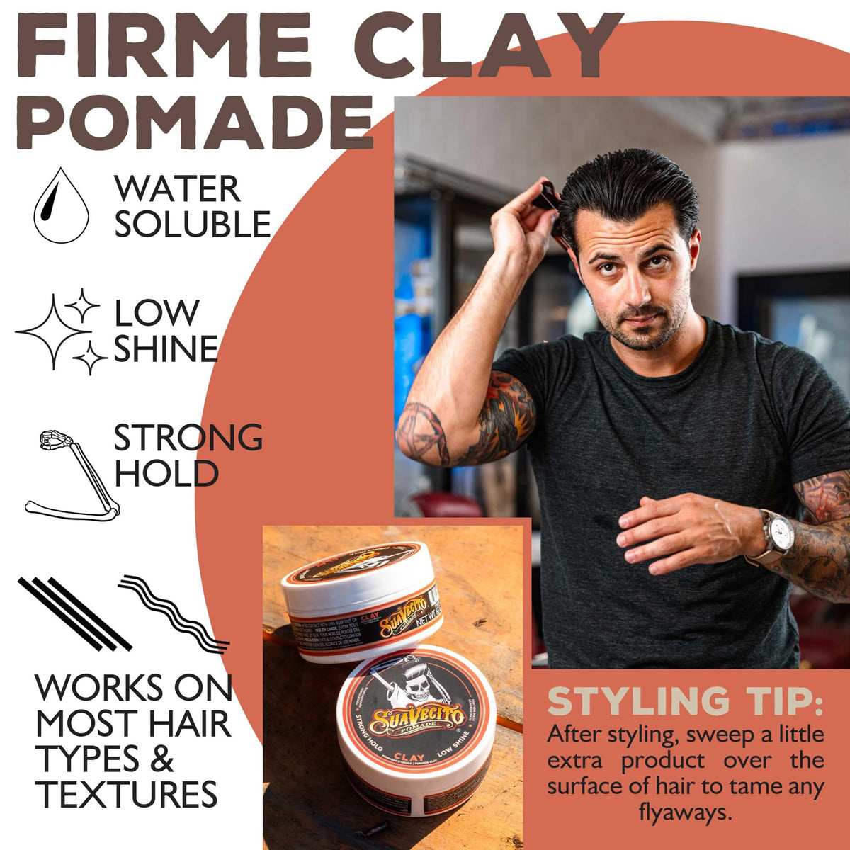 Before-and-after short hair comparison using Suavecito Firme Clay for added volume
