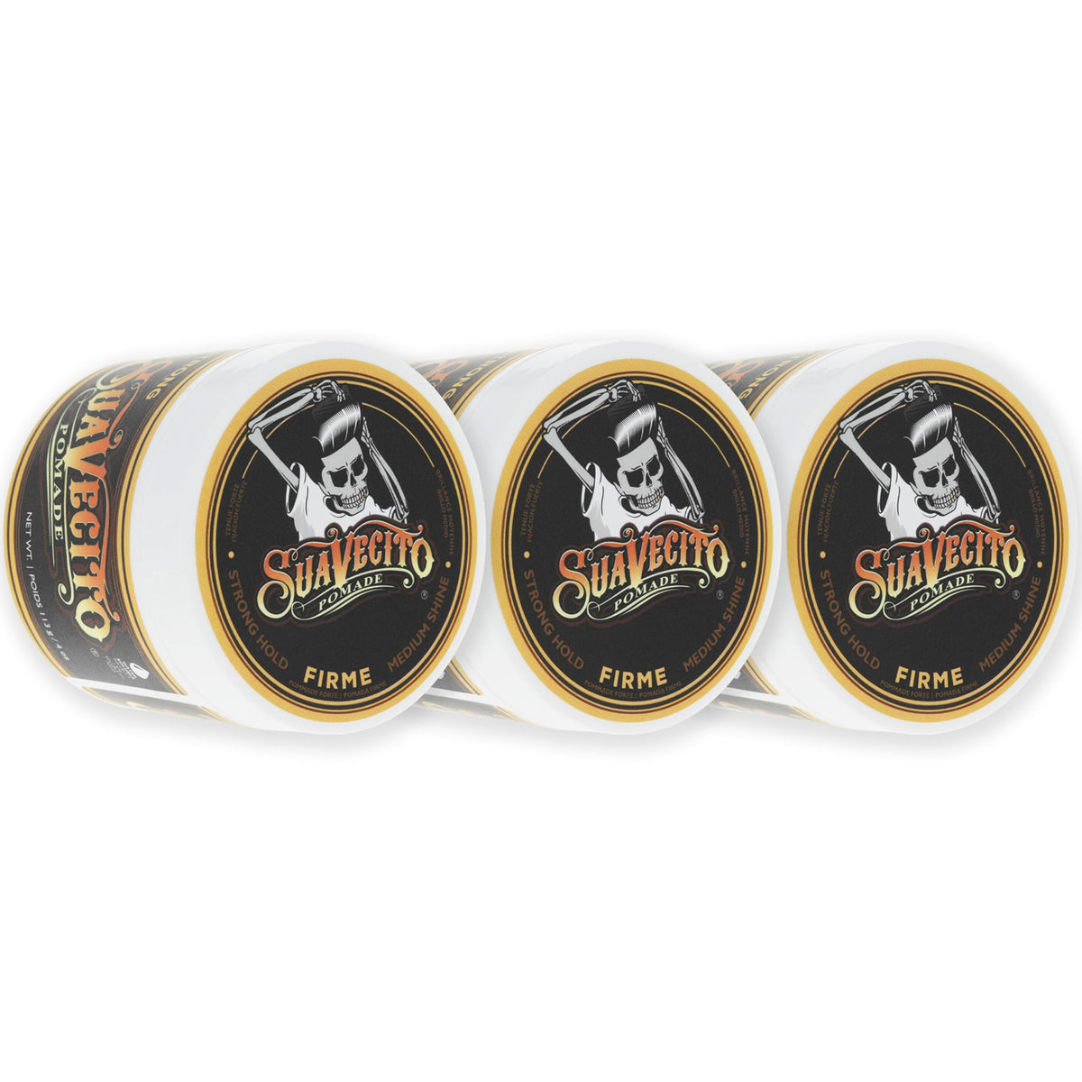 Suavecito Firme front tin showing label and strong-hold promise for reliable styling