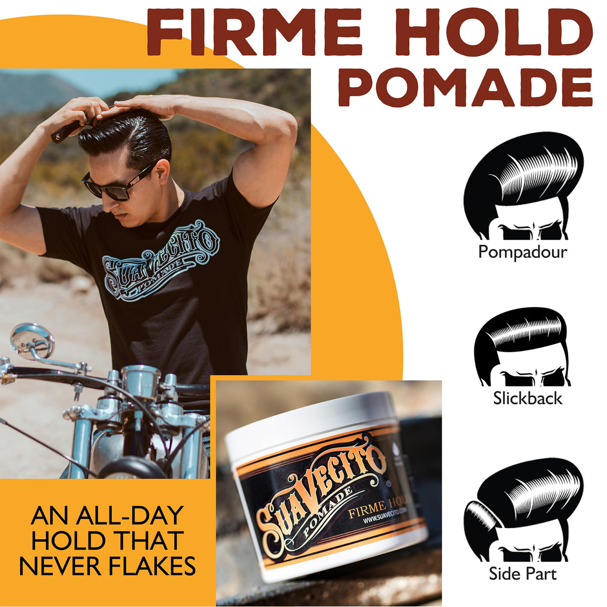 Styled hair using Suavecito Firme showing firm hold and medium shine finish