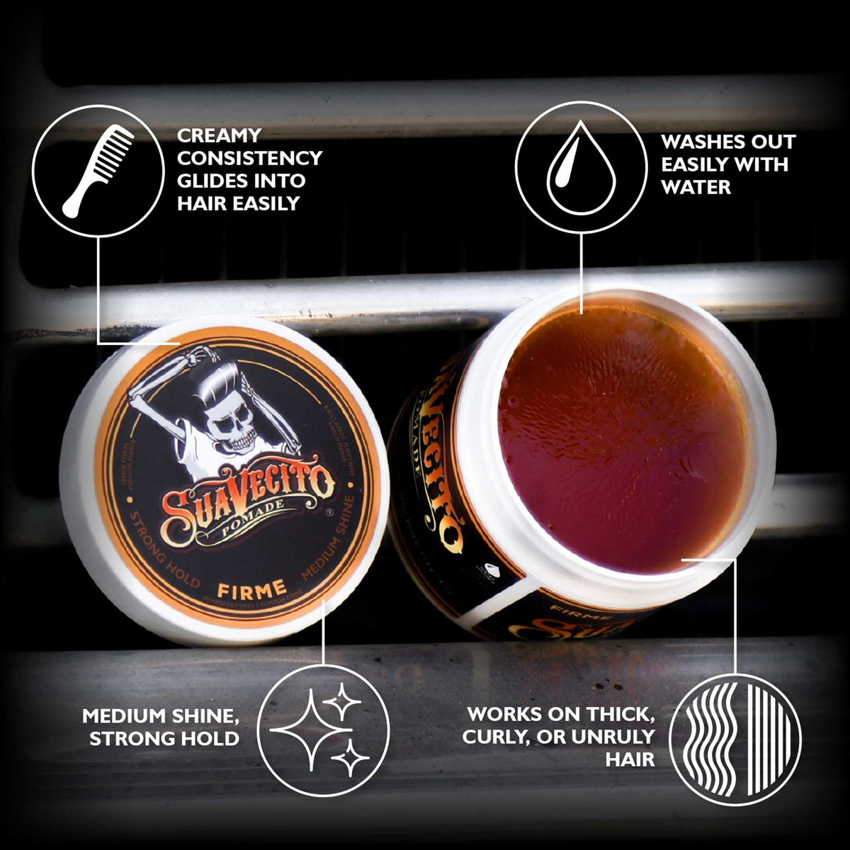 Suavecito open jar showing creamy texture for smooth application benefit