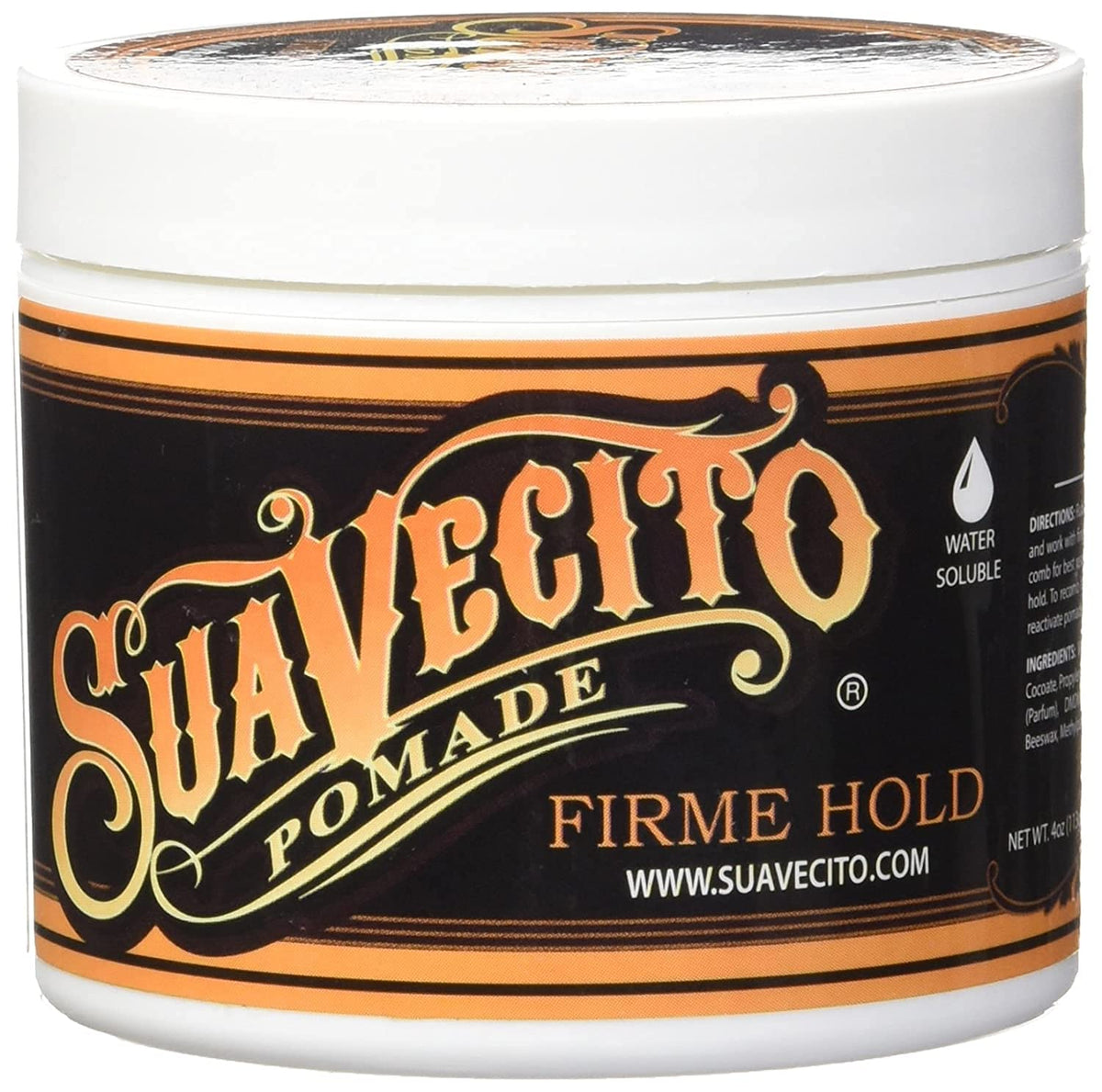 Suavecito Firme open jar close-up of creamy texture, easy-to-apply styling benefit