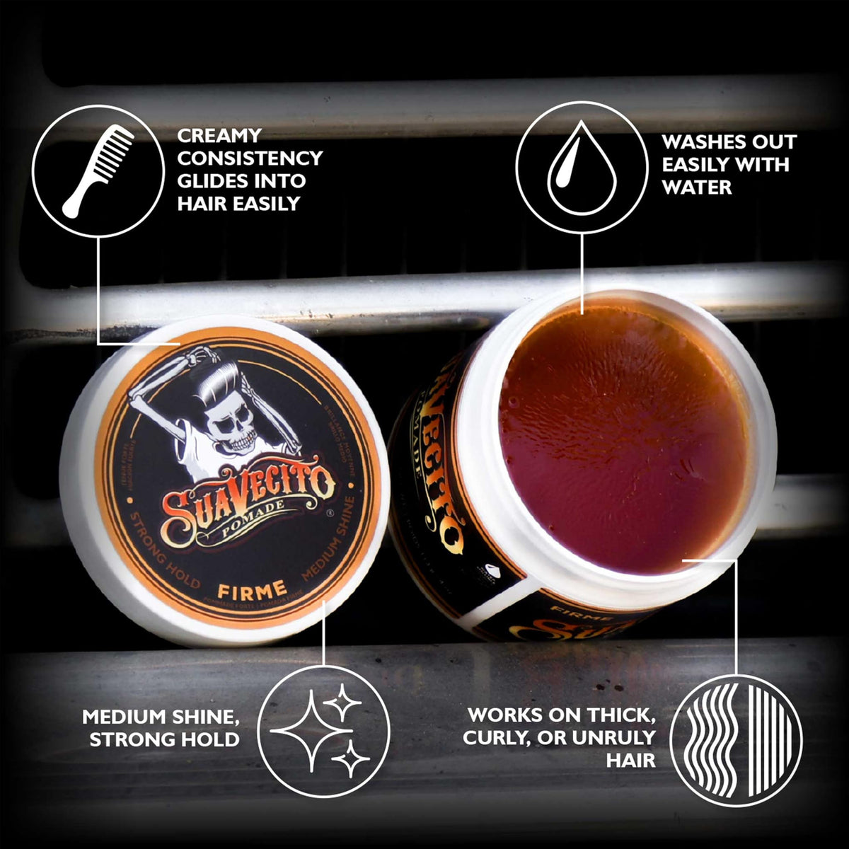 Suavecito Firme open tin cream texture ready to apply with easy-to-work consistency