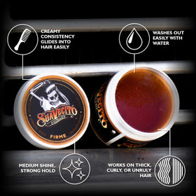Suavecito Firme open tin cream texture ready to apply with easy-to-work consistency