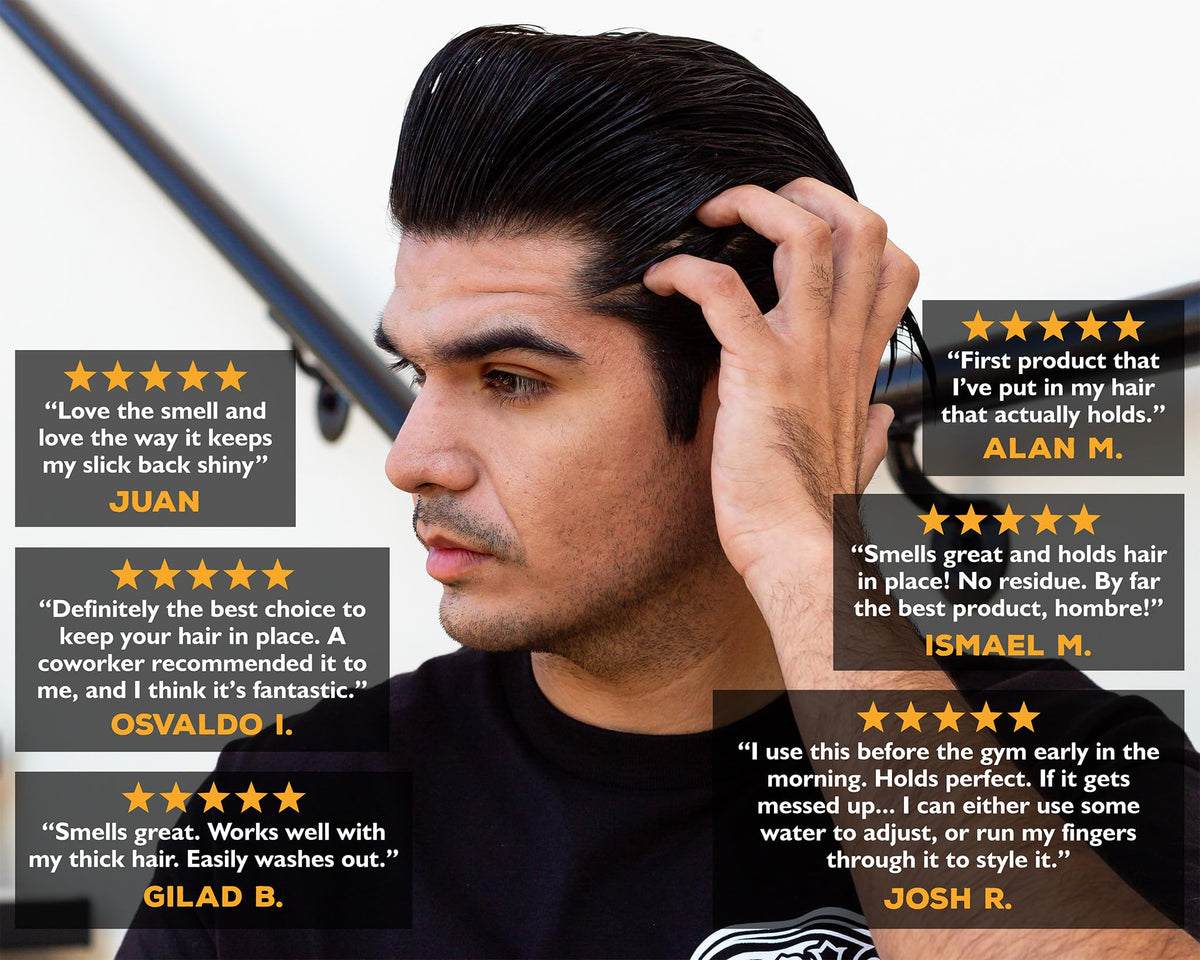 Man with pompadour styled by Suavecito Firme showing volume and shape