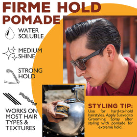 Close-up side label of Suavecito Firme highlighting made in USA and product details