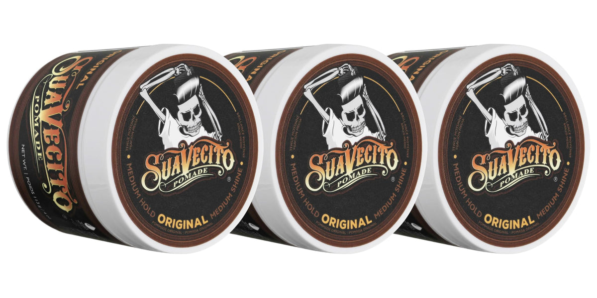 Suavecito front view of three jars showing retail packaging and convenience