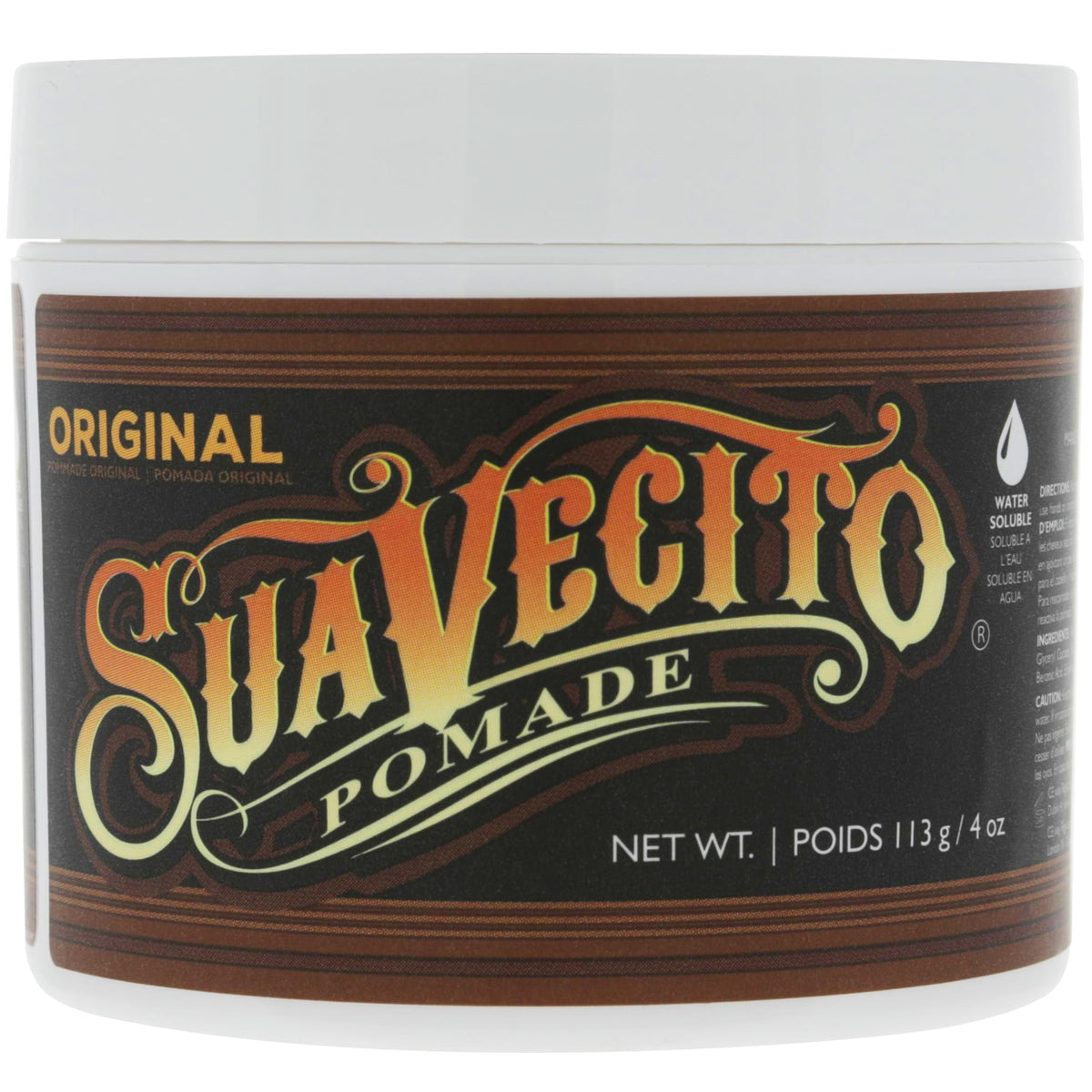 Suavecito jar front view showing brand and 4 oz size plus polished hold