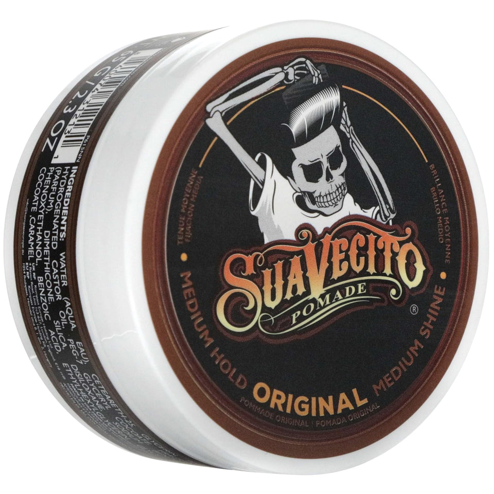 Suavecito front jar showing label and compact size for easy storage