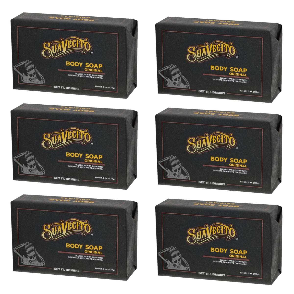 Suavecito front packaging showing six bars and Original scent benefit
