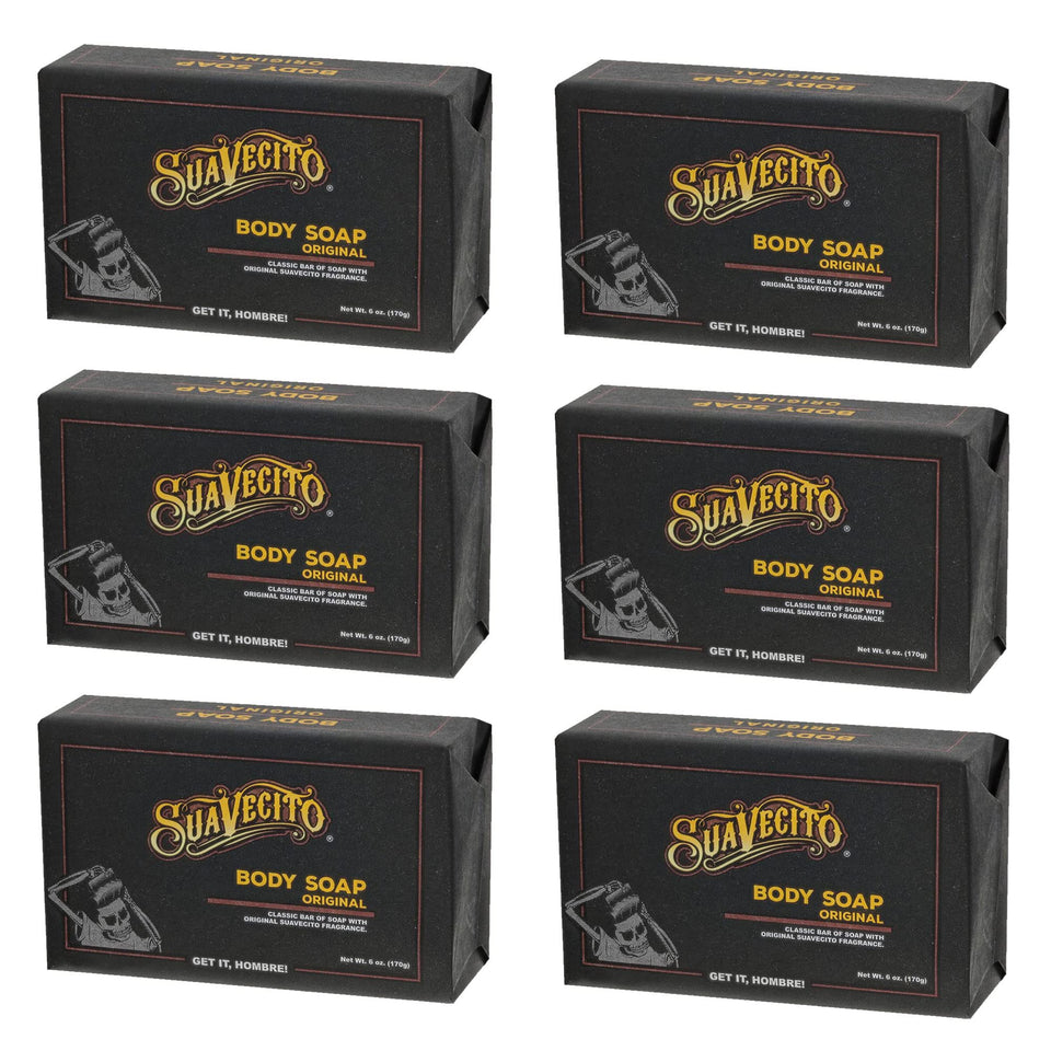 Suavecito front packaging showing six bars and Original scent benefit
