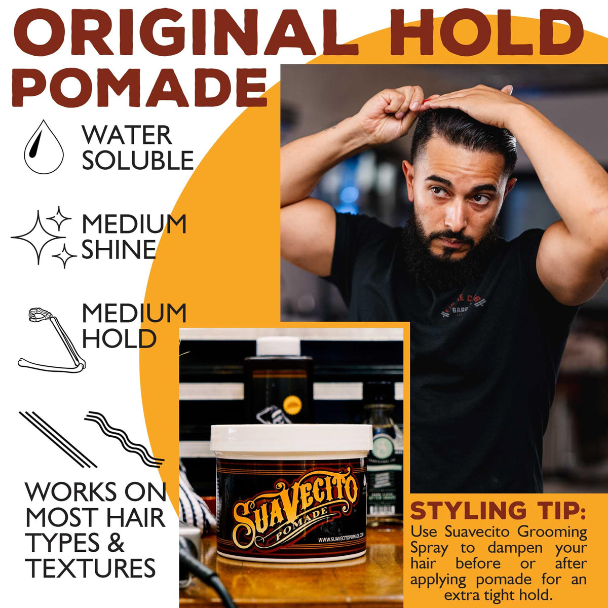 Suavecito being combed through hair for defined hold and shine benefit