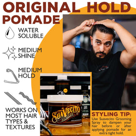 Suavecito being combed through hair for defined hold and shine benefit