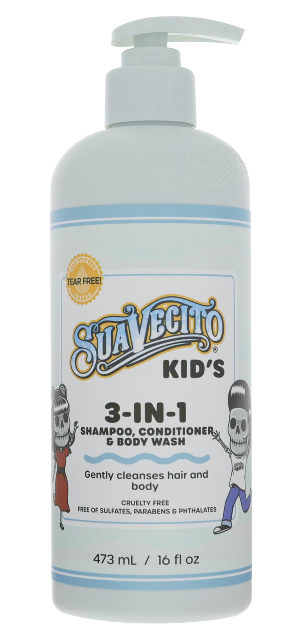 Suavecito bottle front view showing label and 16 oz pump, easy dosing benefit