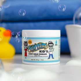 Suavecito jar on bathroom counter as part of kids’ routine showing calming scent benefit