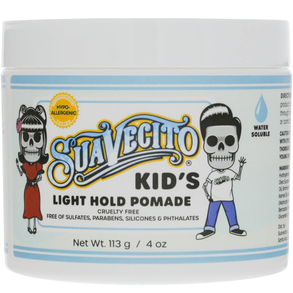Suavecito jar front view showing label and child-friendly design benefit: clear branding