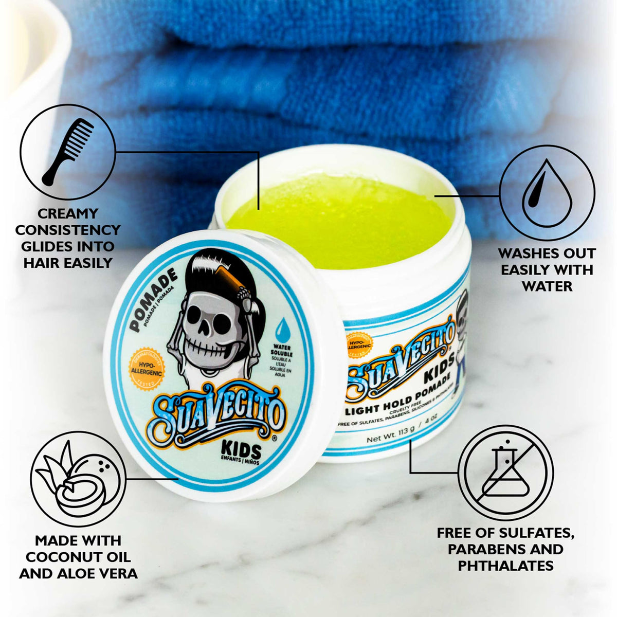 Suavecito open jar showing smooth pomade texture for easy styling and gentle hold